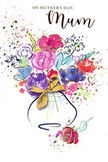 This Mother's Day card presents a joyful, hand-painted bouquet that seems to dance across a crisp white background. At its centre, lush blooms in cerise, magenta, and rich rose pink cluster together, their petals loosely sketched and edged with expressive indigo lines, giving each flower just enough shape to feel recognisable without losing the fluid charm of watercolour. Cooler splashes of blue and lilac peek through the warmer tones, creating the same easy balance you might find in a spring arrangement displayed in a Clerkenwell studio window. Tracing along some of the petals and leaves, delicate filaments of gold add a subtle sparkle, like streetlights glinting off glass late in the evening near Clerkenwell Green. These metallic accents gather at the base into a simple bow, hinting at the careful ribbon work a local florist might tie around a hand-tied bunch just before delivery. The suggestion of a vase beneath the flowers is soft and rounded, painted in pale washes that allow the colours above to remain the true focus. Around the bouquet, lively dots, streaks of colour, and small heart shapes flutter, echoing the feeling of tossed petals or the flutter of excitement before presenting flowers to a beloved mum. The composition feels open and airy, yet full of emotion, as if caught in the instant when gratitude, love, and memory all rise to the surface. It is a visual bouquet perfectly attuned to Mother's Day, with the contemporary, artistic spirit that suits a home in Clerkenwell.